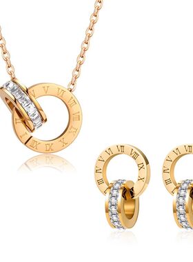 Classic Roman Numeral Crystal Stainless Steel Earrings Neckl