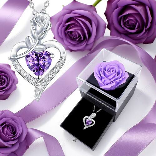 Purple Zircon Heart Pendant Necklace With Rose Box New Jewel
