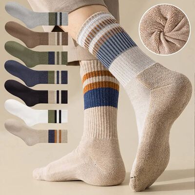 4 Pairs Of Men's Vintage Striped Crew Socks, Thermal Breatha