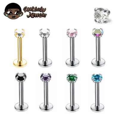 1Pcs G23 Titanium Piercing CZ Gem Internally Threaded Labret