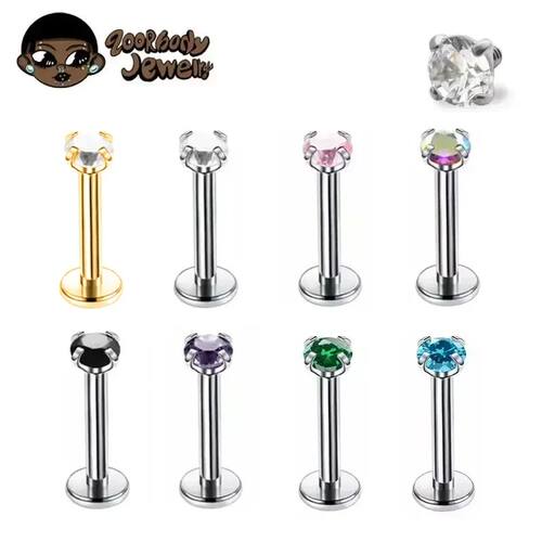 1Pcs G23 Titanium Piercing CZ Gem Internally Threaded Labret