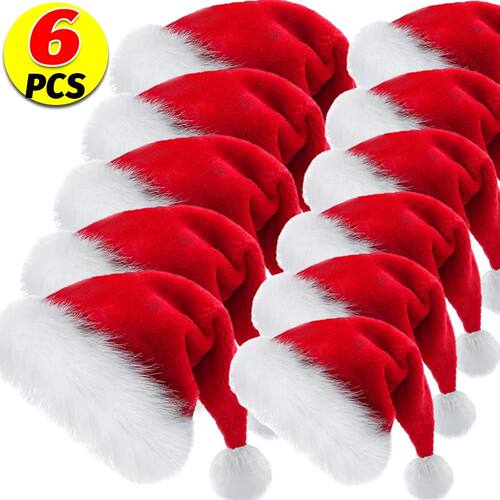 6/1pcs Thickened Plush Christmas Hat Holiday Red Hats for Ad