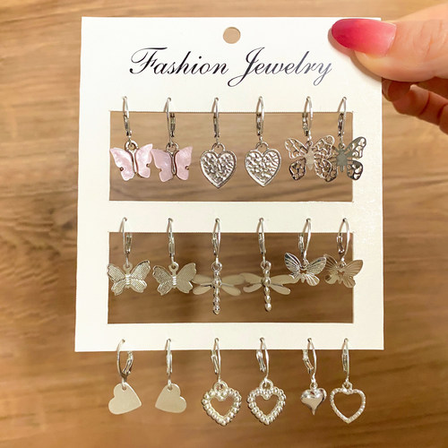EN  Trend Silver Color Animal Butterfly Drop Earrings Set fo