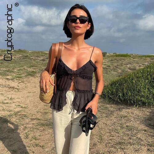 Cryptographic Summer Sleeveless Chiffon Tie Detail Cami Tops