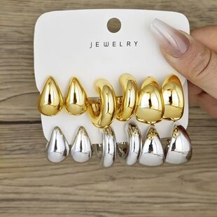 6pcs Chunky Gold Plated Waterdrop Hoop Earrings For Women Mi