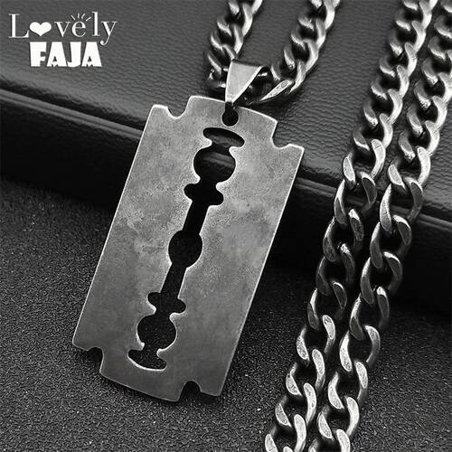 Stainless Steel Razor Blade Long Necklace for Men Women Blac