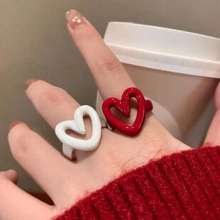 White Red Enamel Heart Sweet Ring for Women Girls Trendy Geo