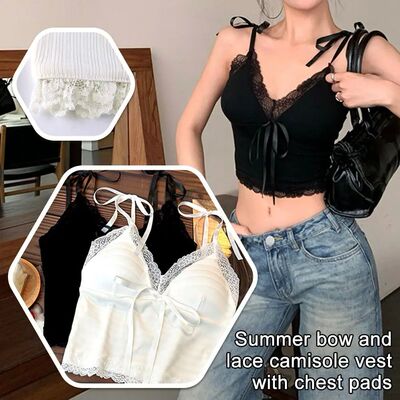 Sexy Bow Lace Camisole With Breast Pads - T0t3