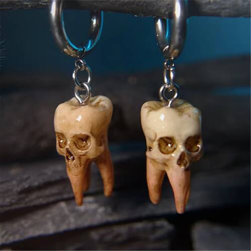 Goth Skull Earrings Halloween Handmade Skull Tooth Hoop Earr