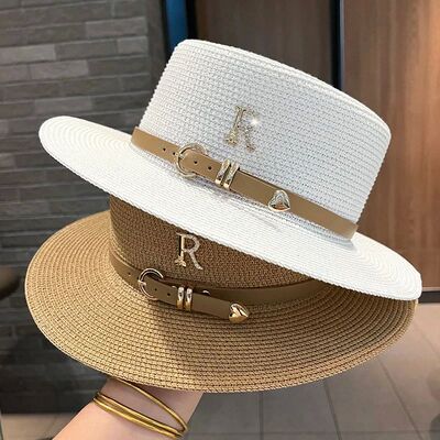 Summer Sun Hat Flat Top Straw Hats for Women New Metal R Let