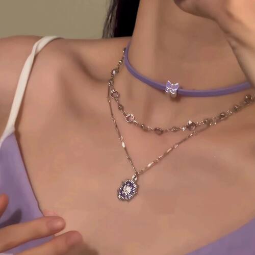 Y2K New Purple Crystal Pendant Multi Layer Chain Choker Neck