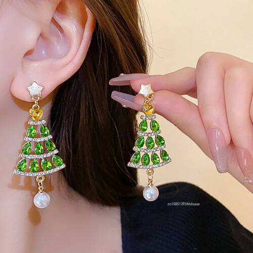Sparkling Zircon Christmas Tree Stud Earrings for Women Shin