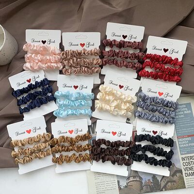 3PCs Silk Satin Small Scrunchies Set Solid Color Pleated Scr