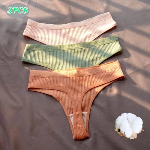3Pcs/Pack M-XX Women Ribbed Cotton Thongs Panties Sexy Low W