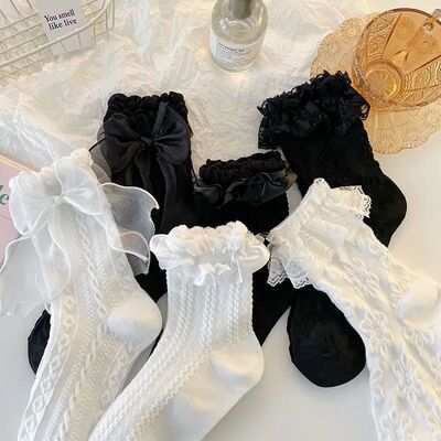 Kids White Lolita Bow Lace Socks Kawaii Girls Ruffled Sock S