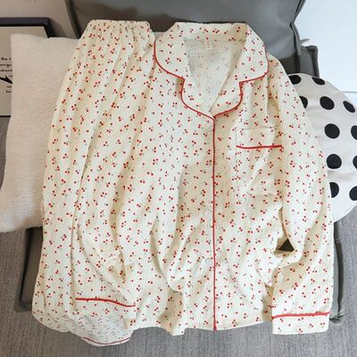 New Autumn Cherries Pajama Sets for Women Faux Cotton Outfit