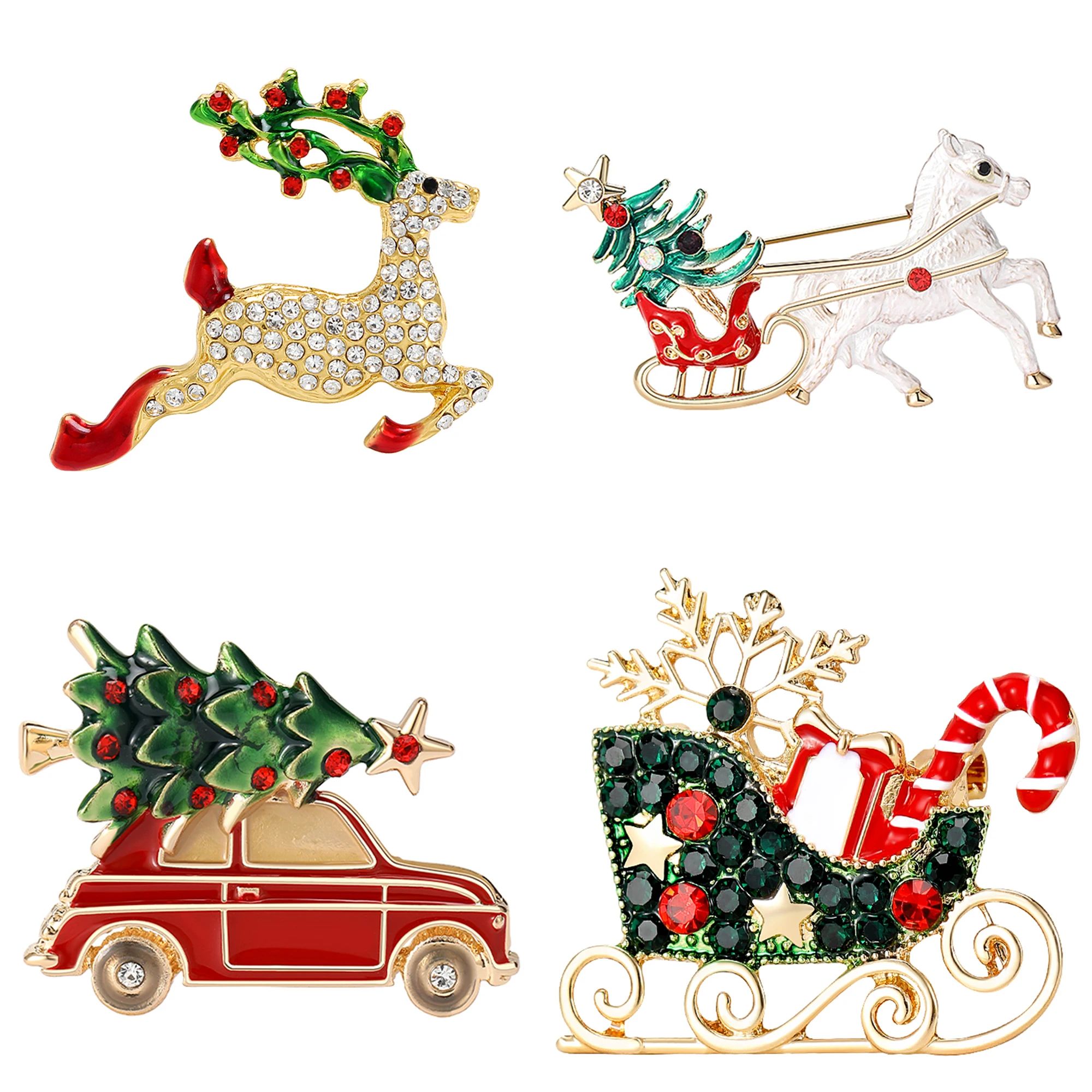 Christmas Enamel Sleigh Car Brooches for Women Unisex Rhines