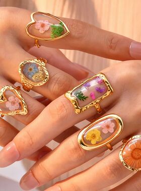Stainless Steel Rings for Women Unique Flower Resin Jewelry,