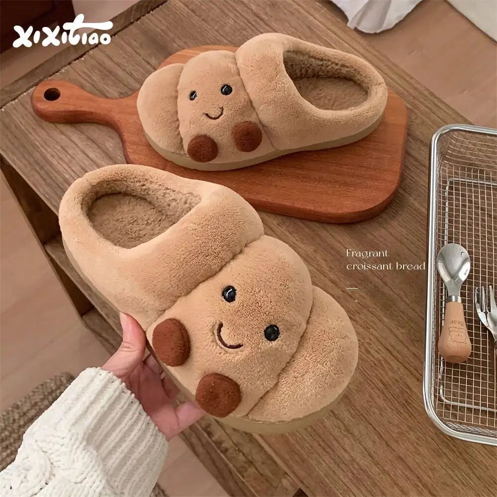 Couples Winter Home Slippers Fun Croissant Bread Design Thic