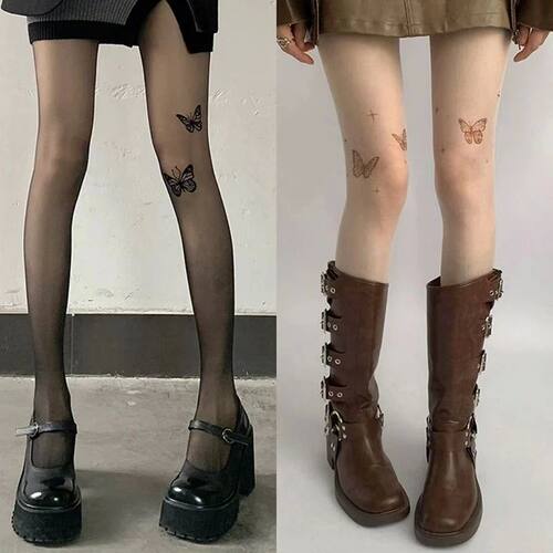 Women Ultra-thin Tights Sexy VintageFake Tattoo Butterfly Bl