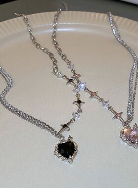 Kpop Black Heart Pendant Necklace Punk Shiny Rhinestone Star