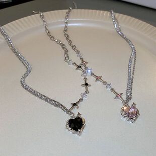 Kpop Black Heart Pendant Necklace Punk Shiny Rhinestone Star
