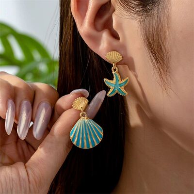 Summer Beach Asymmetrical Metal Shell Starfish Earrings for