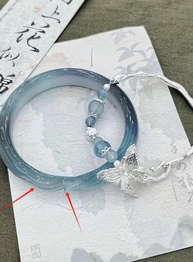 中式清冷感蓝冰狐狸手镯叠戴海宝蓝蝴蝶爆款民族风超显白手饰