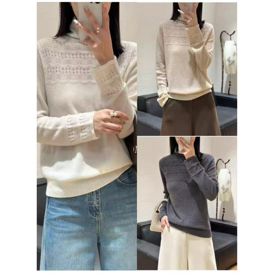 100%山羊绒毛衣欧洲站2025冬装新款时尚软糯镂空堆堆领针织衫女