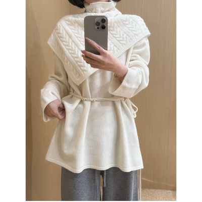 山羊绒毛衣女潮欧洲站2025冬装新款时尚收腰斗篷围巾针织衫两件套