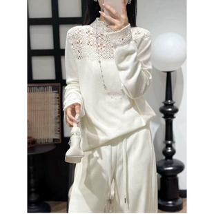 刺绣勾花镂空立领针织衫 时尚 女 新款 100%山羊绒毛衣欧洲站2025冬装