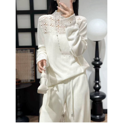 100%山羊绒毛衣欧洲站2025冬装新款时尚刺绣勾花镂空立领针织衫女