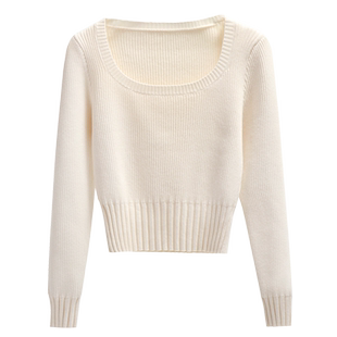 短款方领针织衫女2025春秋新款白色修身内搭打底毛衣黑色长袖上衣