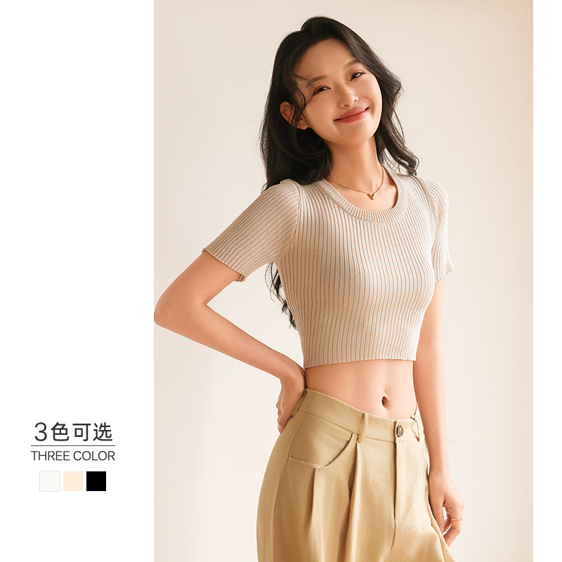 短款冰丝短袖t恤女夏季2025新款圆领小个子修身高腰露脐针织上衣
