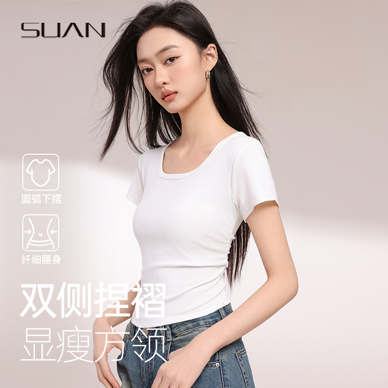 方领褶皱正肩短袖T恤女春夏收腰显瘦甜辣设计感修身白色体恤上衣