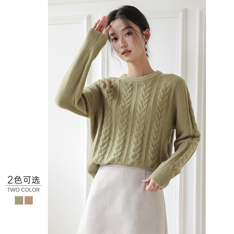 圆领麻花羊毛针织衫女秋冬宽松慵懒加厚长袖保暖套头毛衣打底上衣