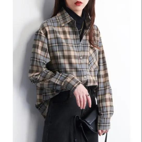 新款韩版格子衬衫女学生宽松中长款外套百搭复古BF长袖衬衣女学生