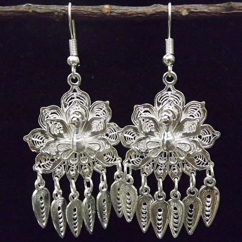 民族风镀银孔雀型耳环女 苗傣族新娘耳饰品925银耳钩节日旅游纪念