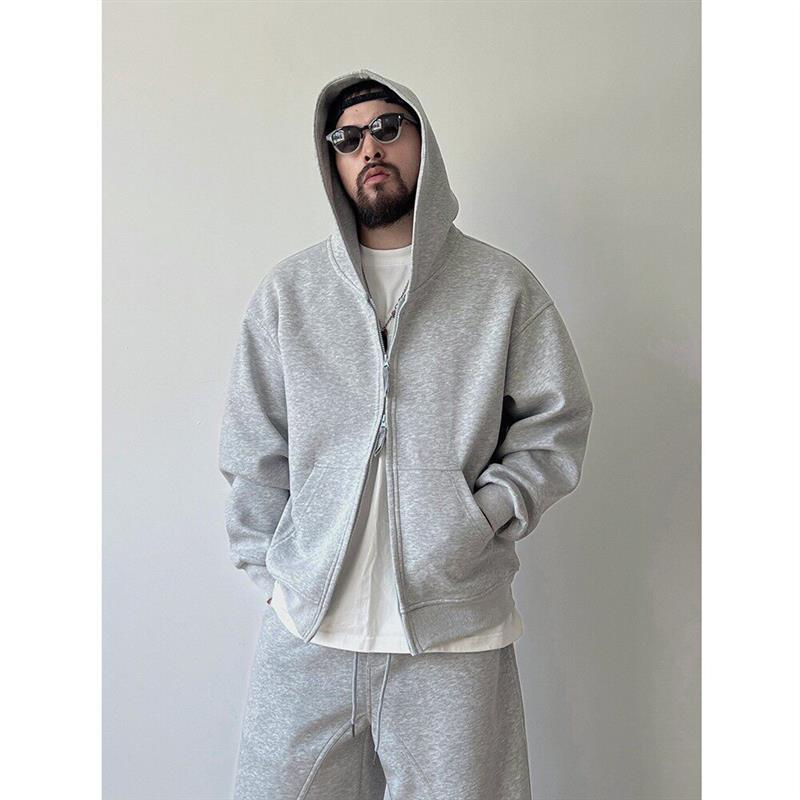 MALT DIARY服饰拉链连帽男式短款卫衣上衣灰色休闲美式宽松