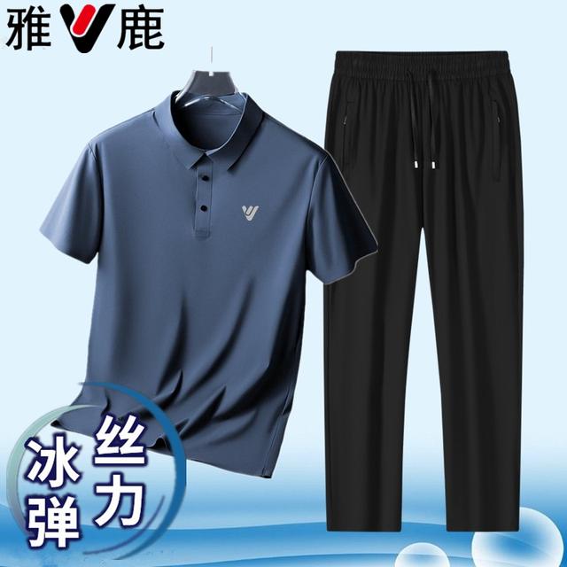 雅鹿夏季冰丝速干POLO衫运动套装速干短袖T恤男透气爸爸装父亲装