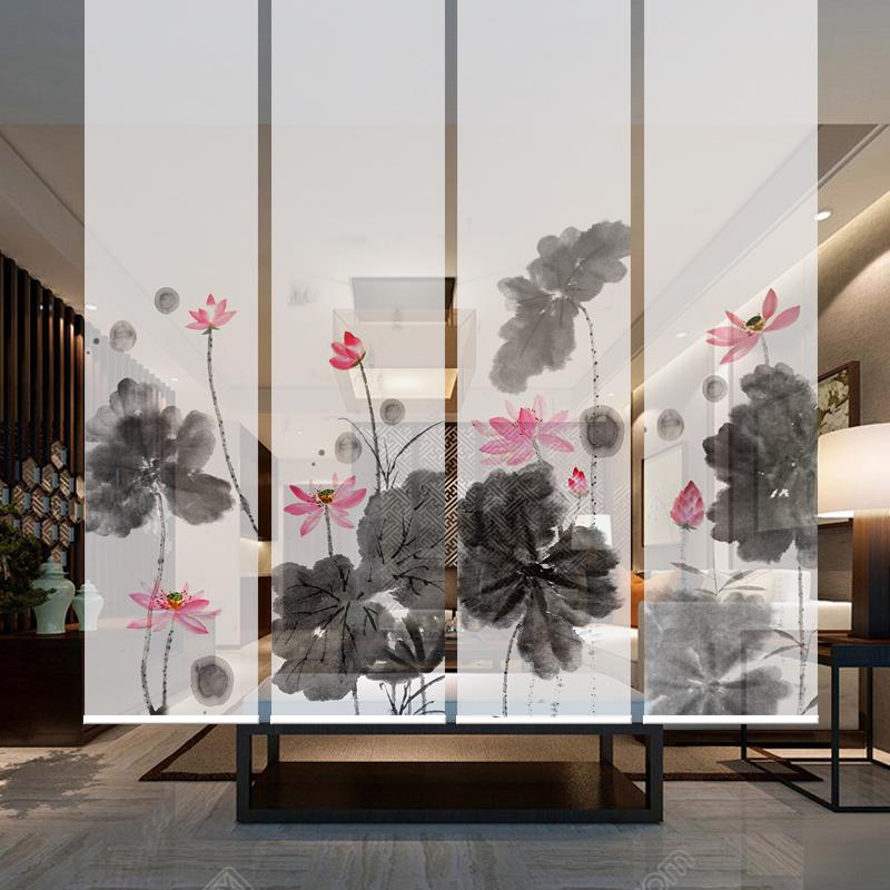 个性定制古典国画风格现代中式屏风隔断包邮水墨荷花遮光隔热卷帘