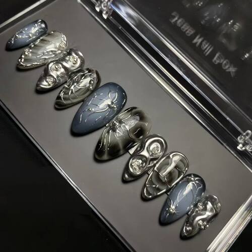 24Pcs Dark Press on Fake Nails with Black Glitter 3D Metalli