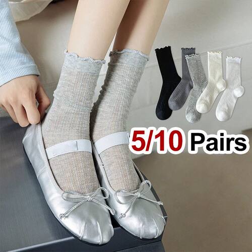 5/10 Pairs Women Solid Color Mesh Mid Tube Socks Summer Ligh