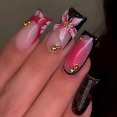24Pcs 3D Gel Makes Long Square Flower With Pearl Decoration