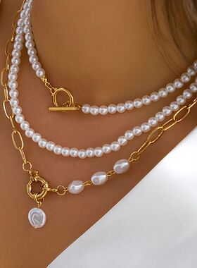 Elegant Pearl Multi-layer Necklace Minimalism Beads Gold Col
