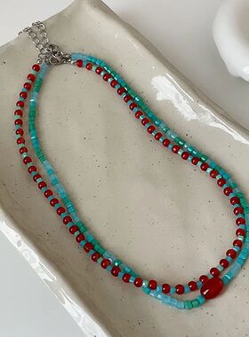 Minar Retro Red Blue Contrast Color Natural Stone Cubes Bead