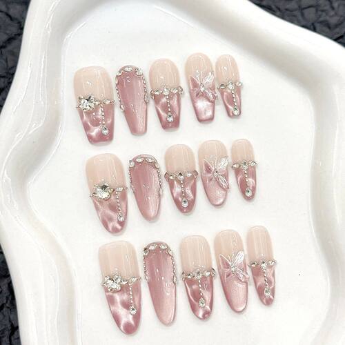 10pcs Handmade Press on Nails Pink Butterfly Design Fake Nai