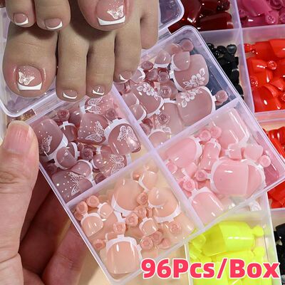 96Pcs/Box French Fake Toenails Butterfly/Flower Design Short