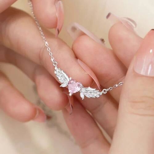 Crystal Angel Wings Pink Heart Pendant NecklacesGirl Women H