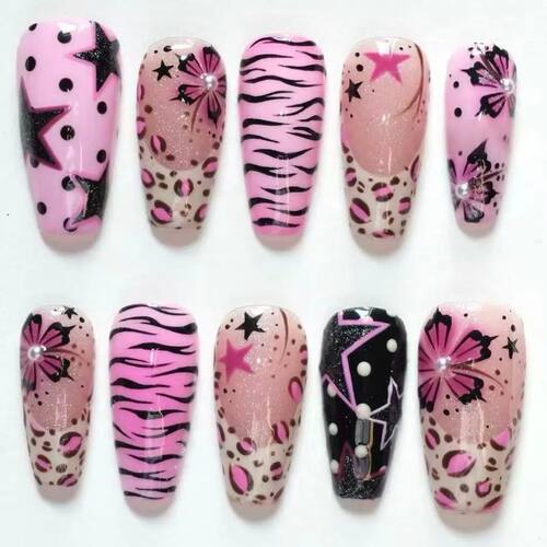 30pcs Ballet Y2k Style Press on Nails Black Pink Star Flower